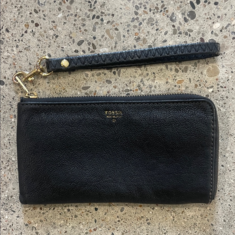 Fossil Black Leather Wristlet with Gold Accents